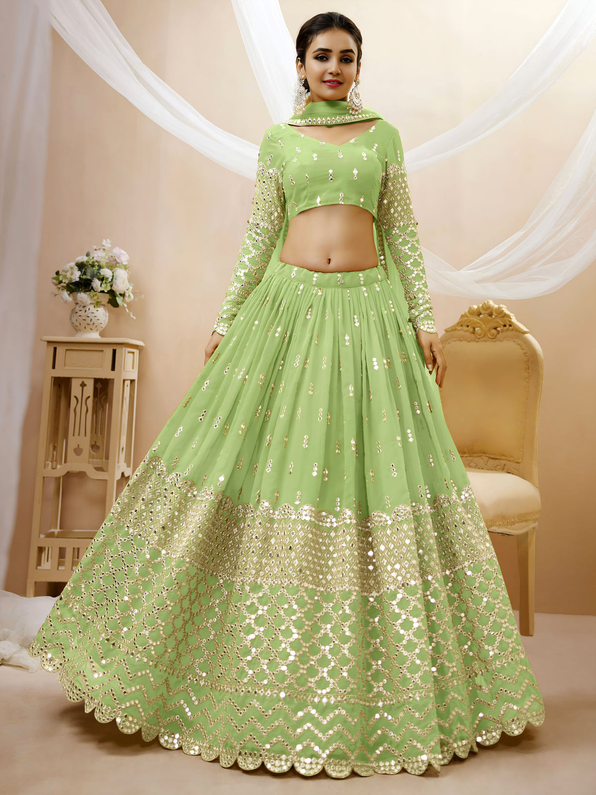Pista Green Silver Sequin Embroidered Lehenga Choli with Dupatta