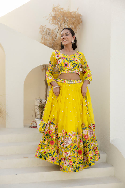 Yellow Floral Sequins Thread Embroidered Lehenga Choli