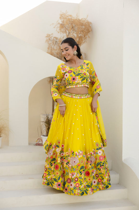 Yellow Floral Sequins Thread Embroidered Lehenga Choli