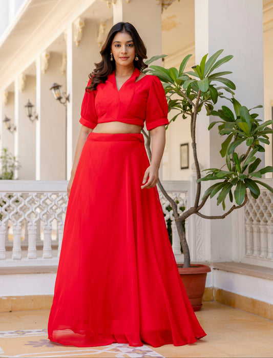 Red Fancy Neck & Back Pattern Fully Stitched Red Georgette Lehenga Choli
