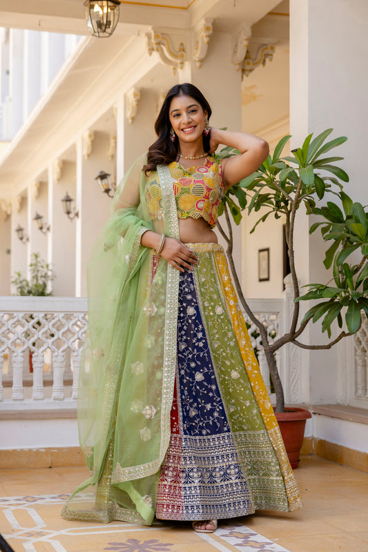 Multicolored Faux Georgette Sequins Thread Worked Lehenga Choli