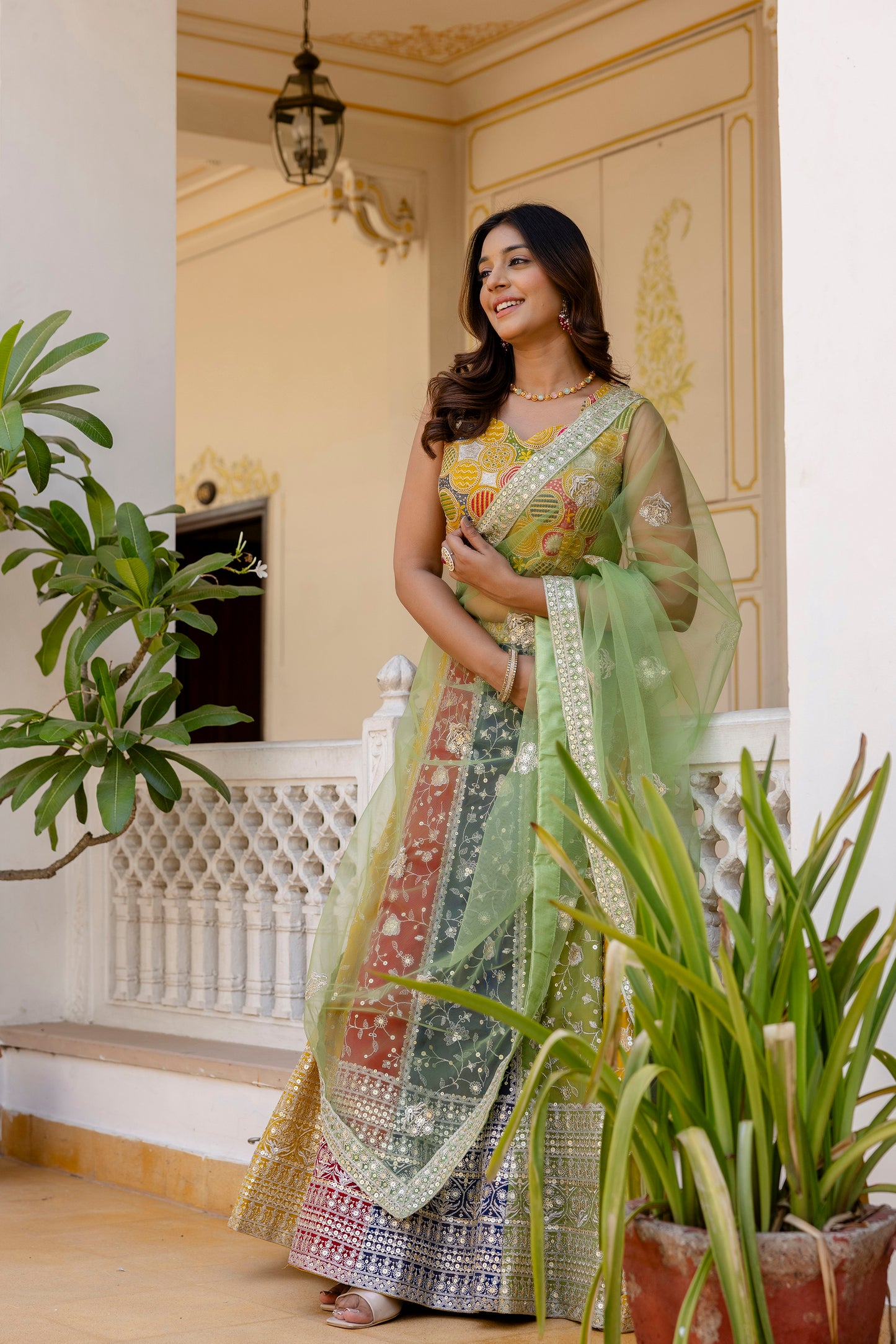 Multicolored Faux Georgette Sequins Thread Worked Lehenga Choli