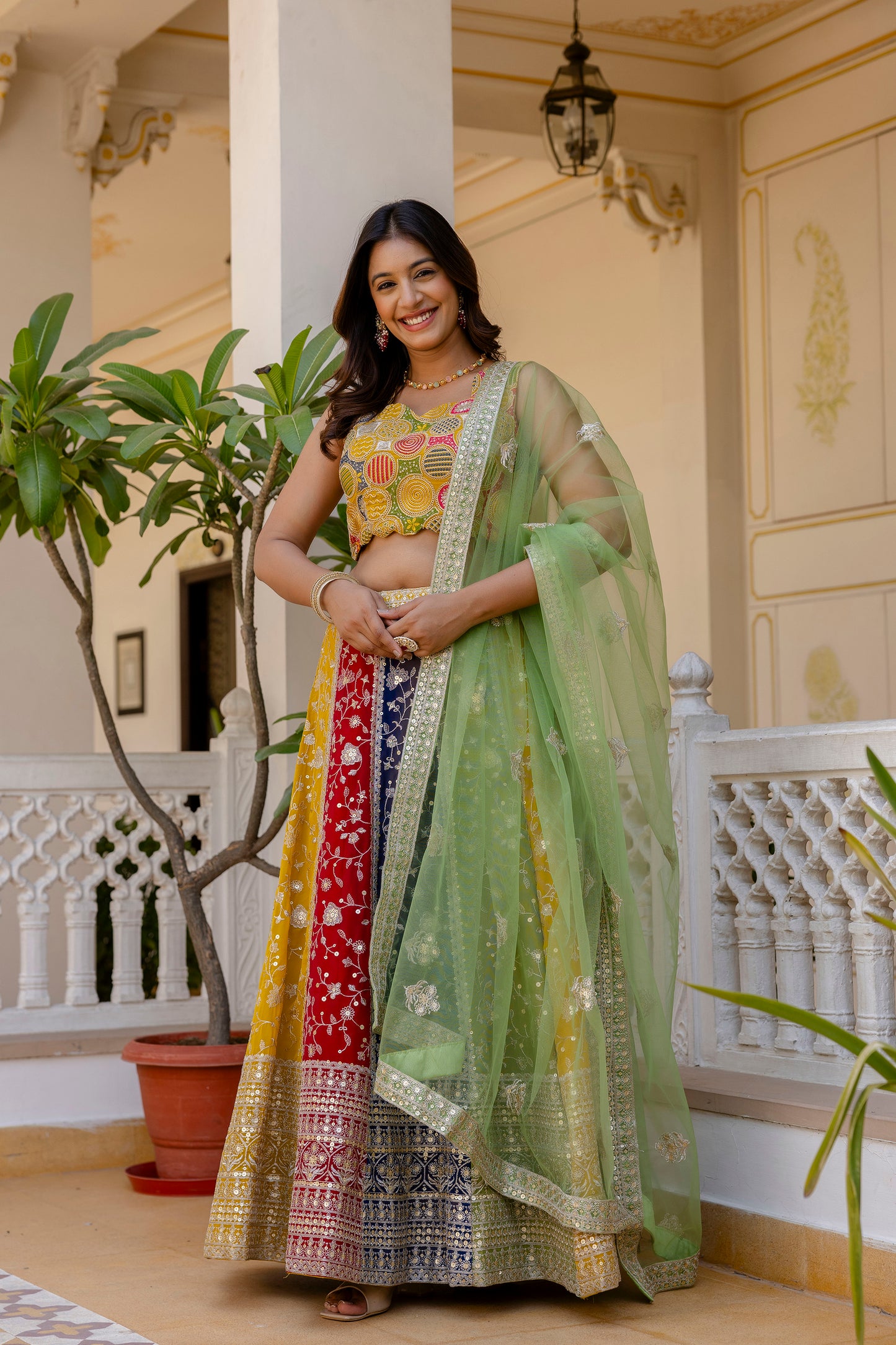 Multicolored Faux Georgette Sequins Thread Worked Lehenga Choli