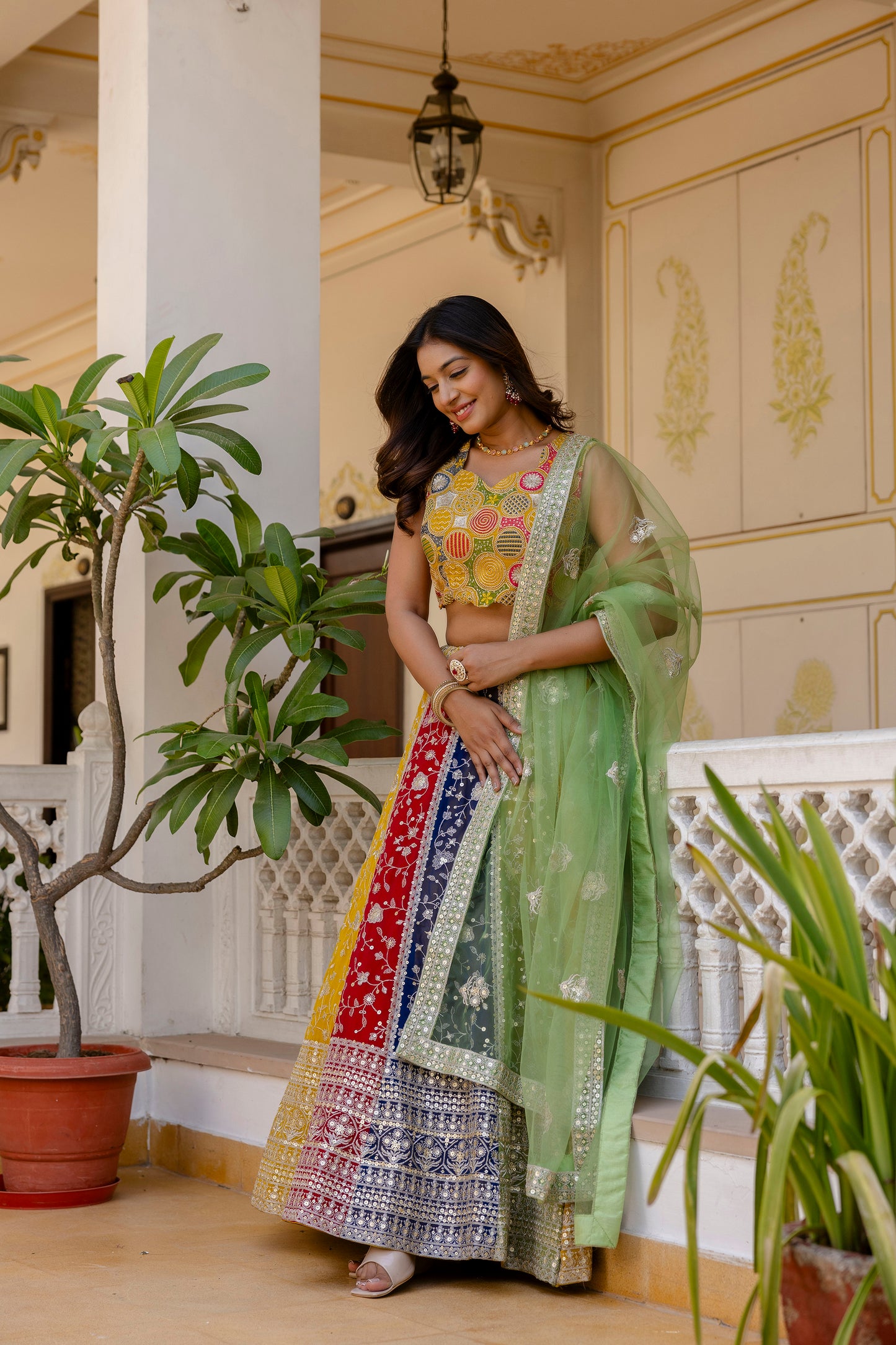 Multicolored Faux Georgette Sequins Thread Worked Lehenga Choli