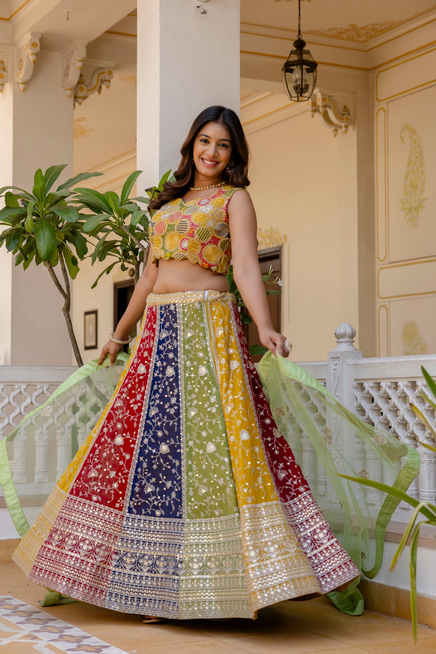 Multicolored Faux Georgette Sequins Thread Worked Lehenga Choli