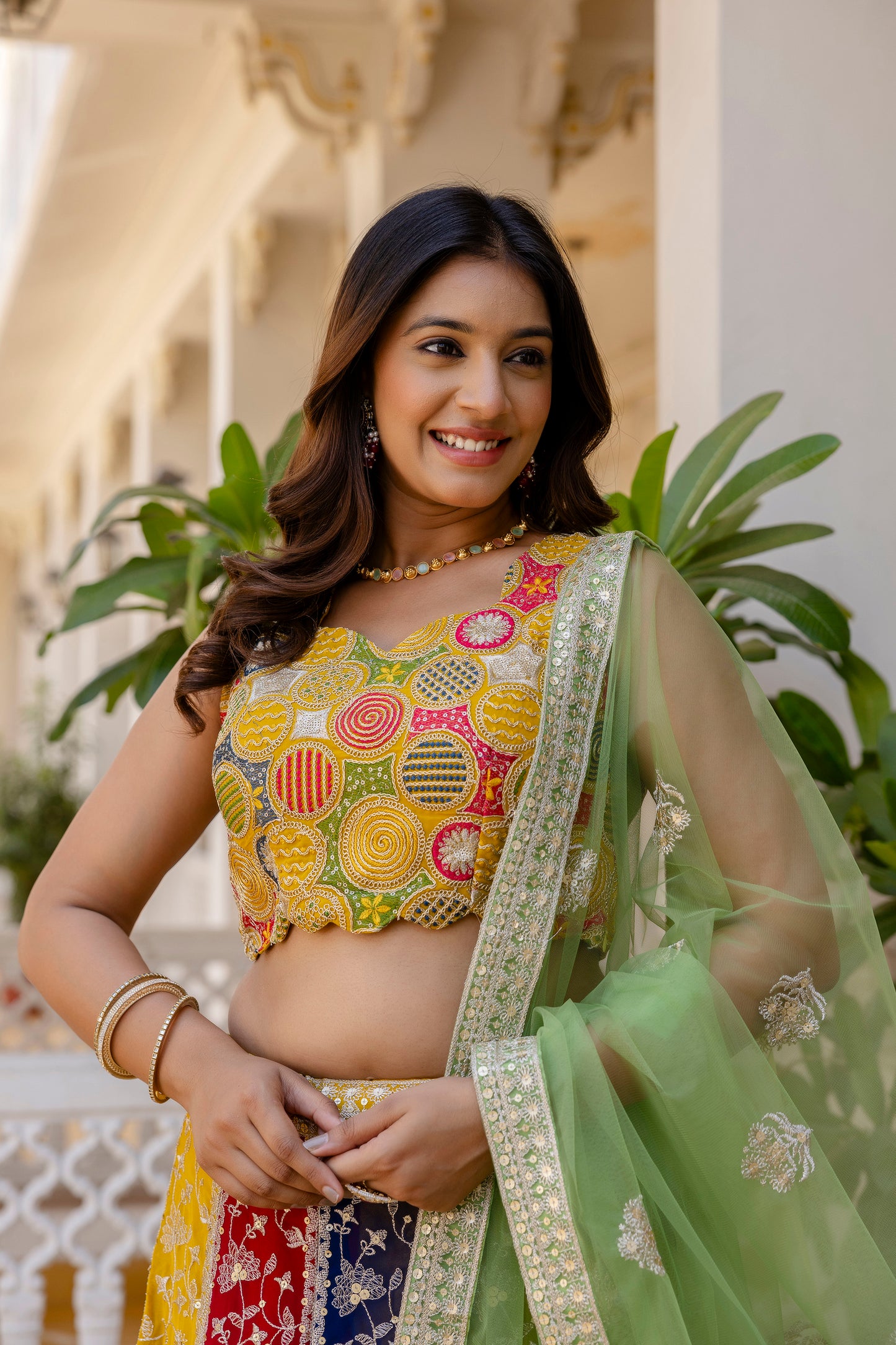 Multicolored Faux Georgette Sequins Thread Worked Lehenga Choli