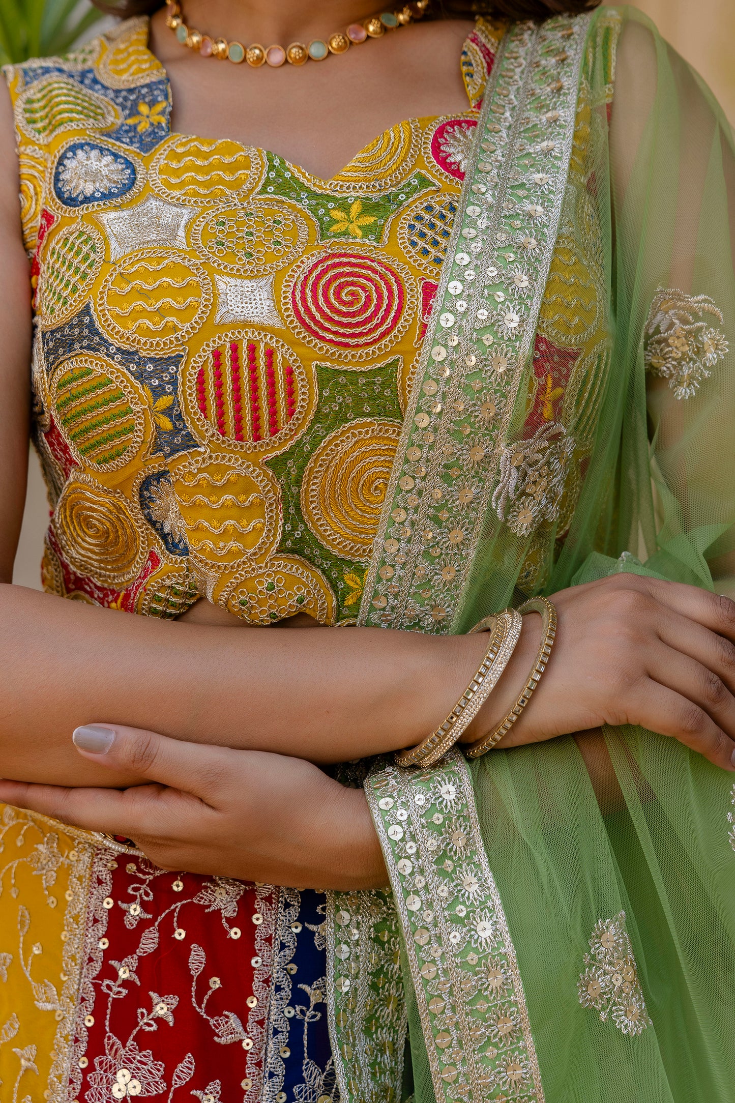 Multicolored Faux Georgette Sequins Thread Worked Lehenga Choli