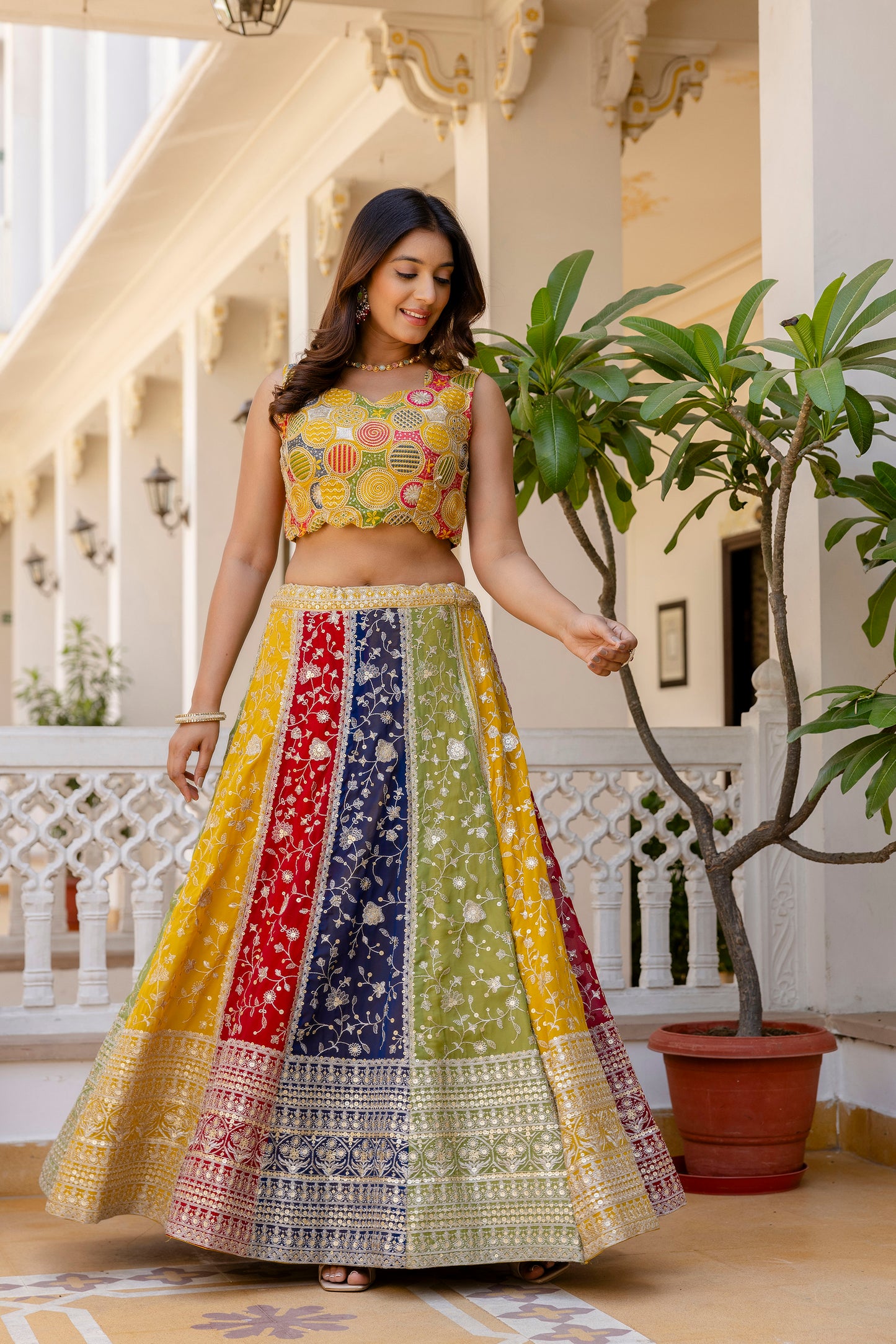 Multicolored Faux Georgette Sequins Thread Worked Lehenga Choli