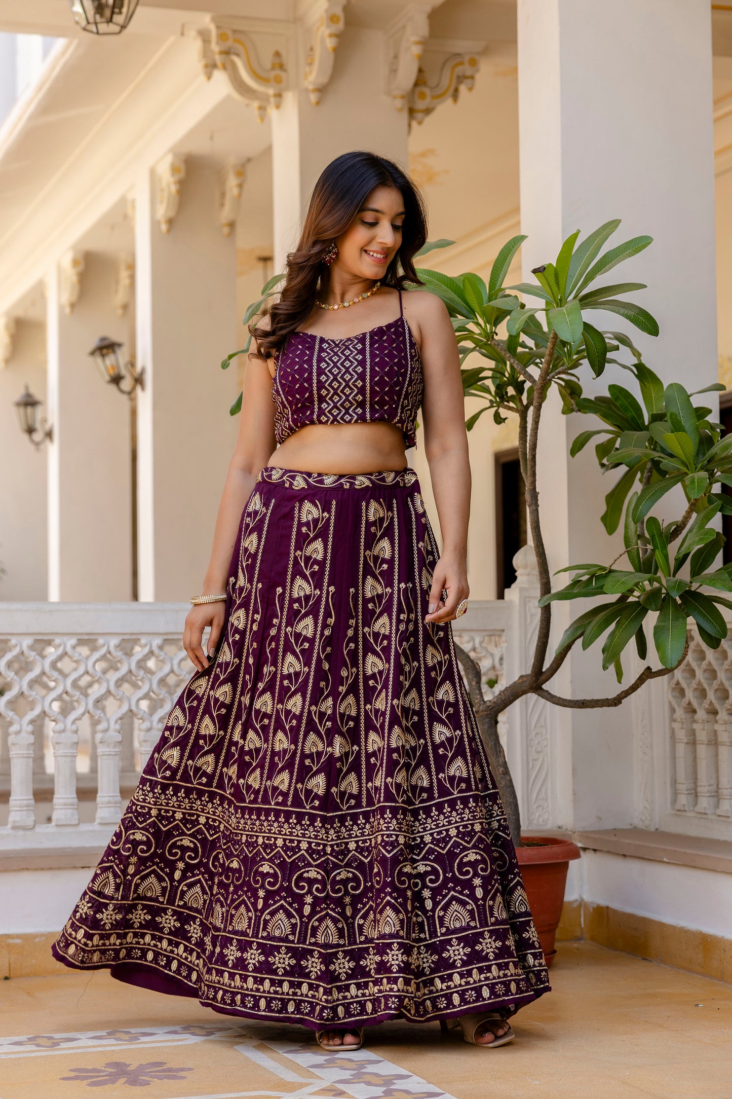 Wine Georgette Sequins Embroidered Lehenga Choli Set