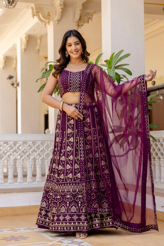 Wine Georgette Sequins Embroidered Lehenga Choli Set