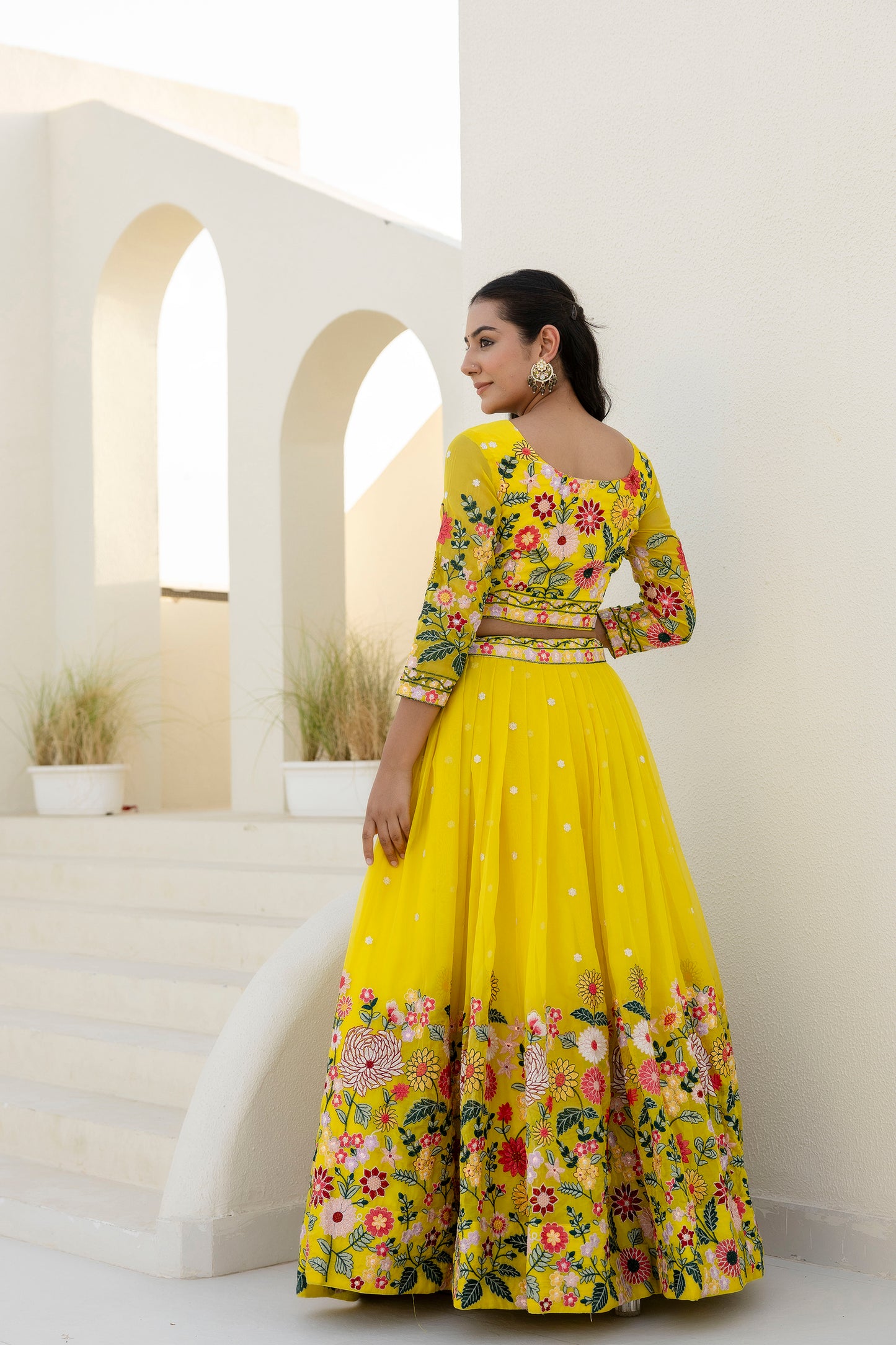 Yellow Floral Sequins Thread Embroidered Lehenga Choli
