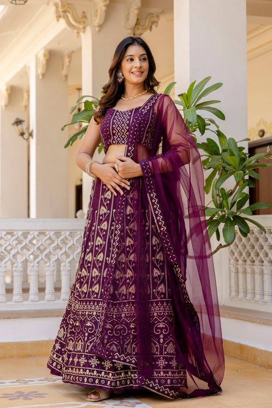 Wine Georgette Sequins Embroidered Lehenga Choli Set