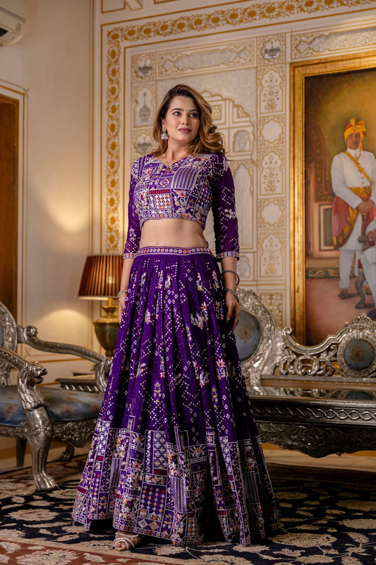 Purple Floral Sequins Thread Embroidered Lehenga Choli Set