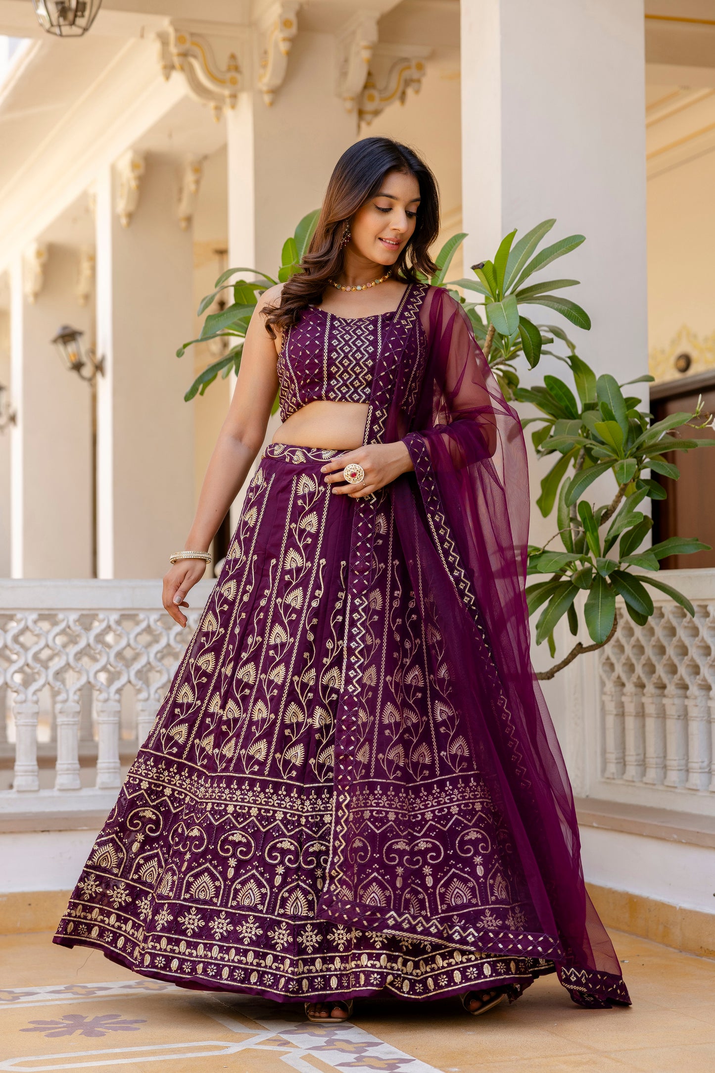 Wine Georgette Sequins Embroidered Lehenga Choli Set