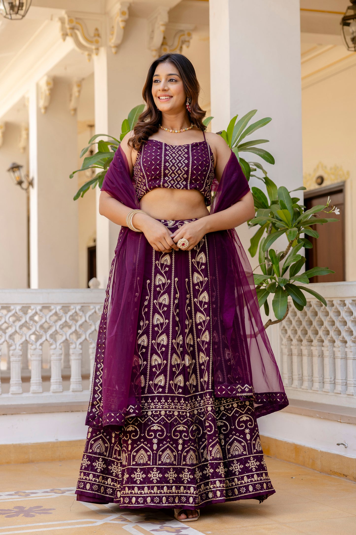 Wine Georgette Sequins Embroidered Lehenga Choli Set