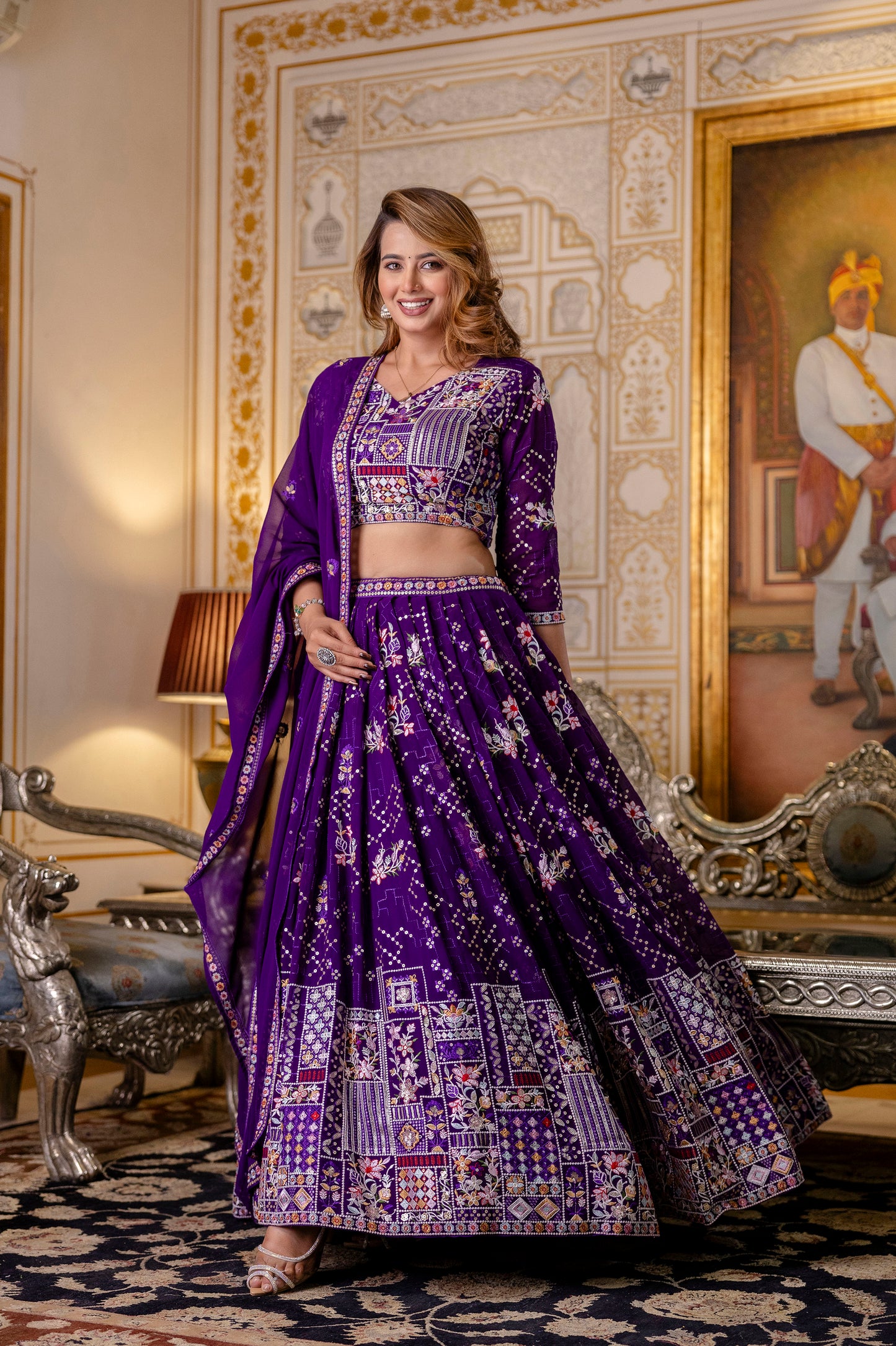 Purple Floral Sequins Thread Embroidered Lehenga Choli Set