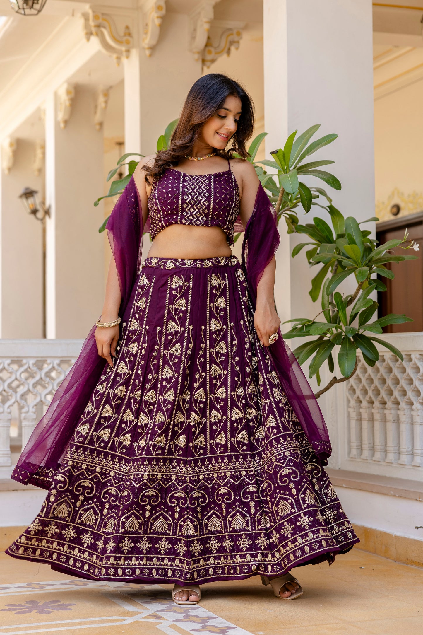 Wine Georgette Sequins Embroidered Lehenga Choli Set