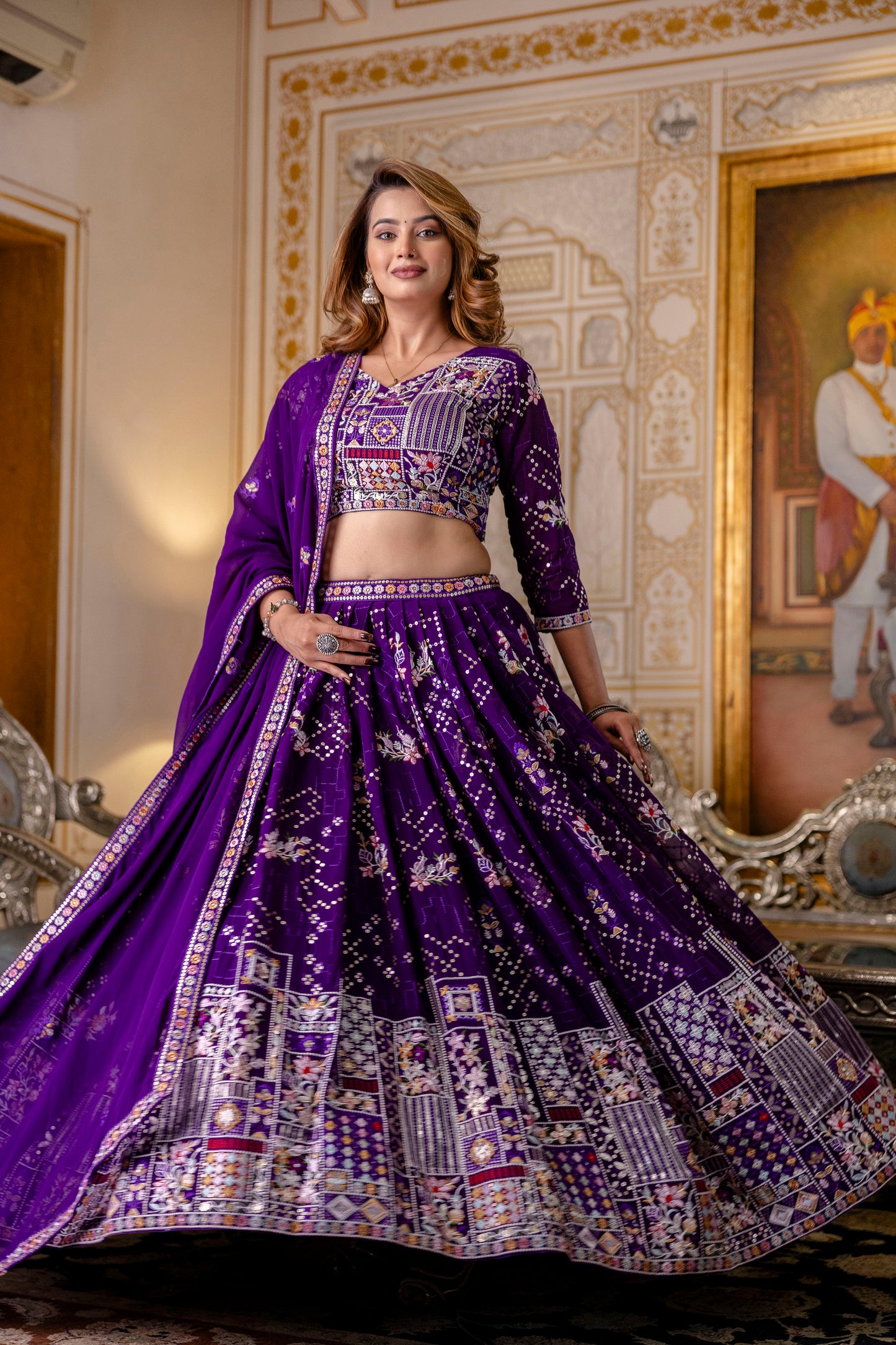 Purple Floral Sequins Thread Embroidered Lehenga Choli Set