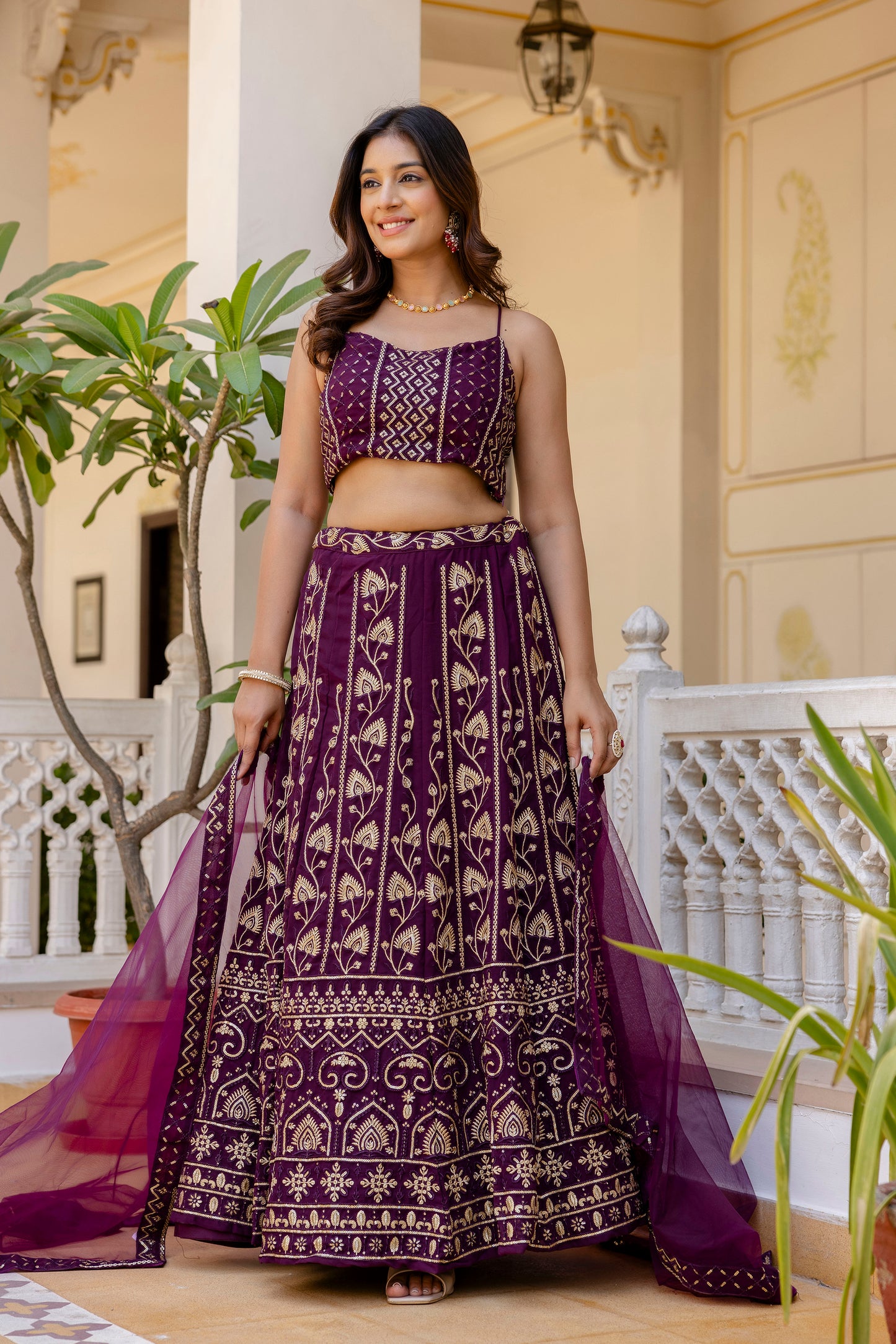 Wine Georgette Sequins Embroidered Lehenga Choli Set