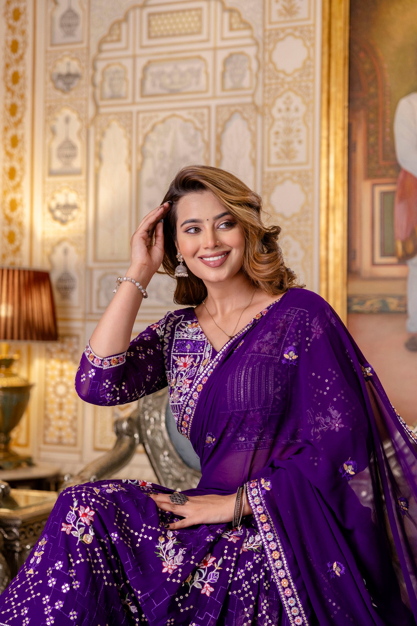 Purple Floral Sequins Thread Embroidered Lehenga Choli Set