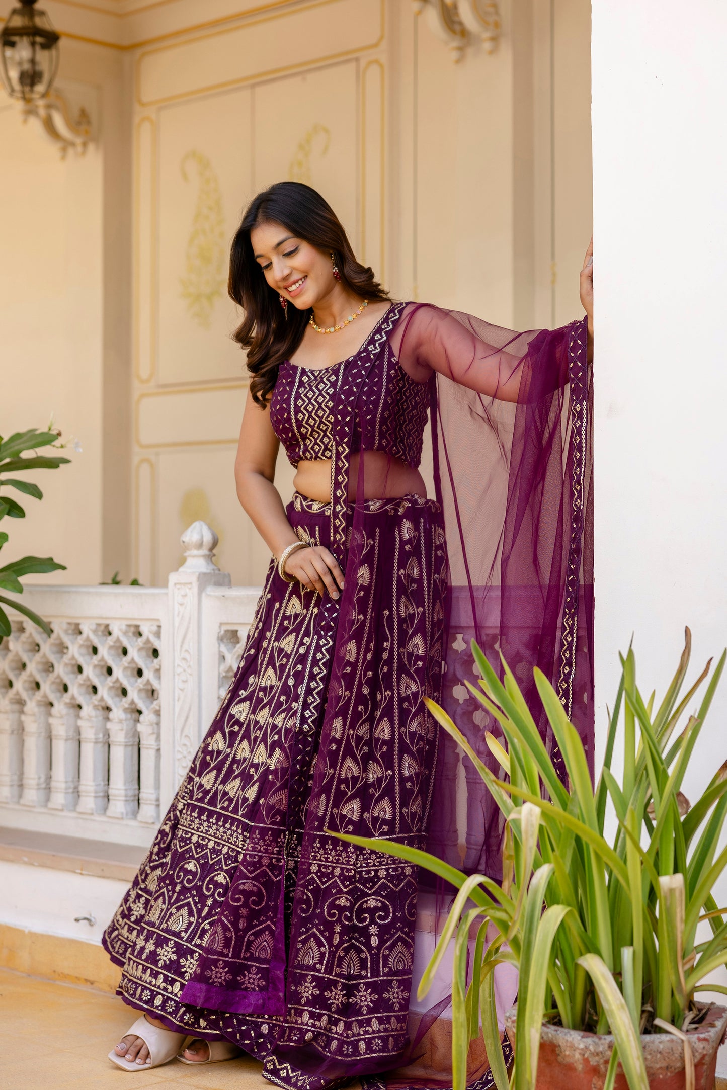 Wine Georgette Sequins Embroidered Lehenga Choli Set
