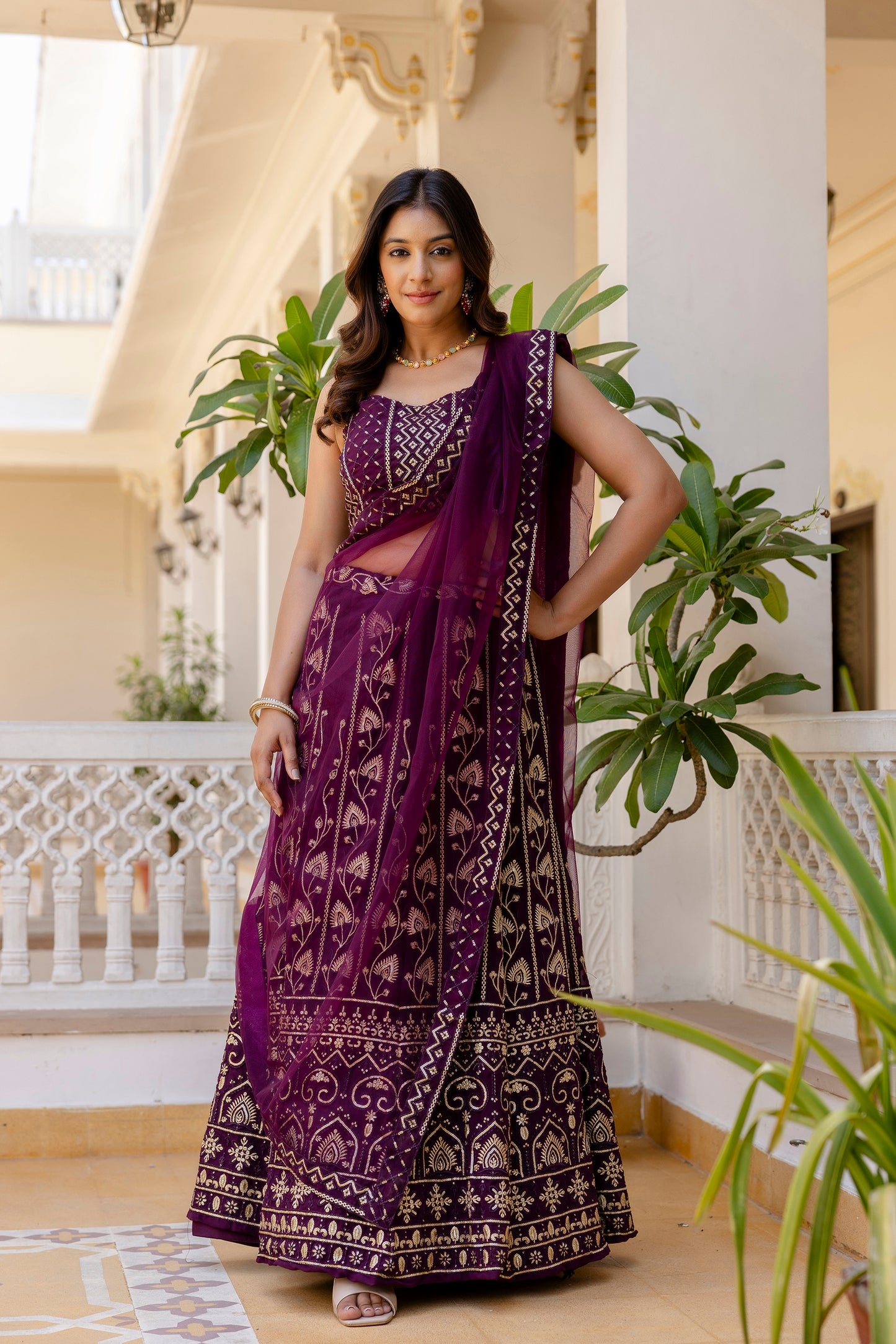 Wine Georgette Sequins Embroidered Lehenga Choli Set