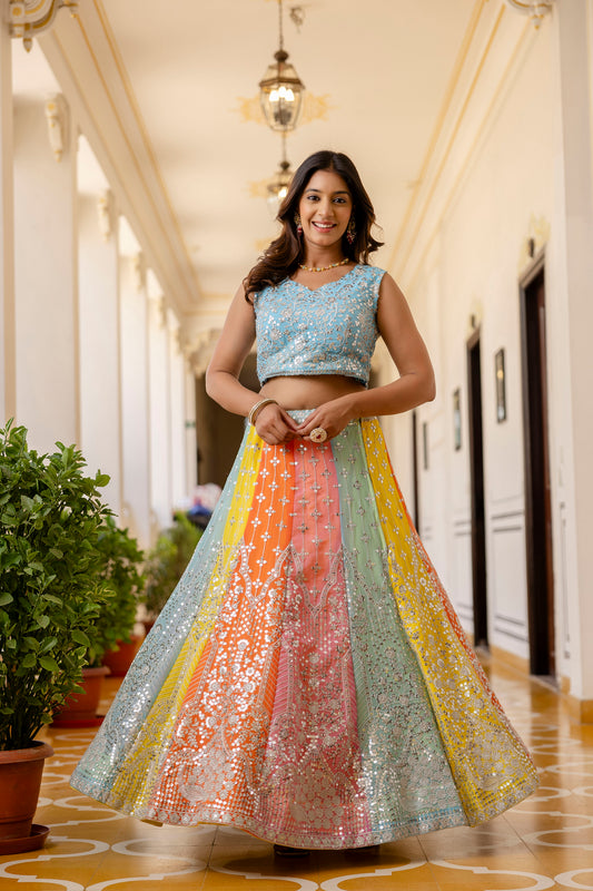 Multicolored Faux Georgette Sequins Thread Embroidered Lehenga Choli