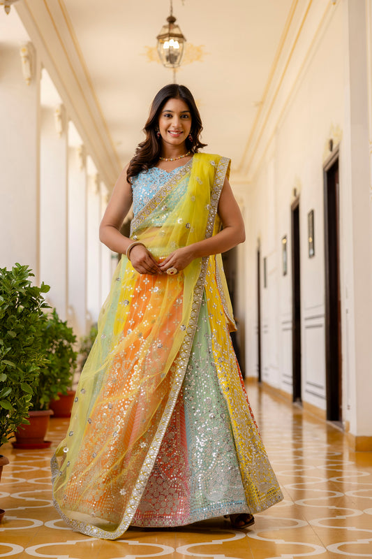 Multicolored Faux Georgette Sequins Thread Embroidered Lehenga Choli