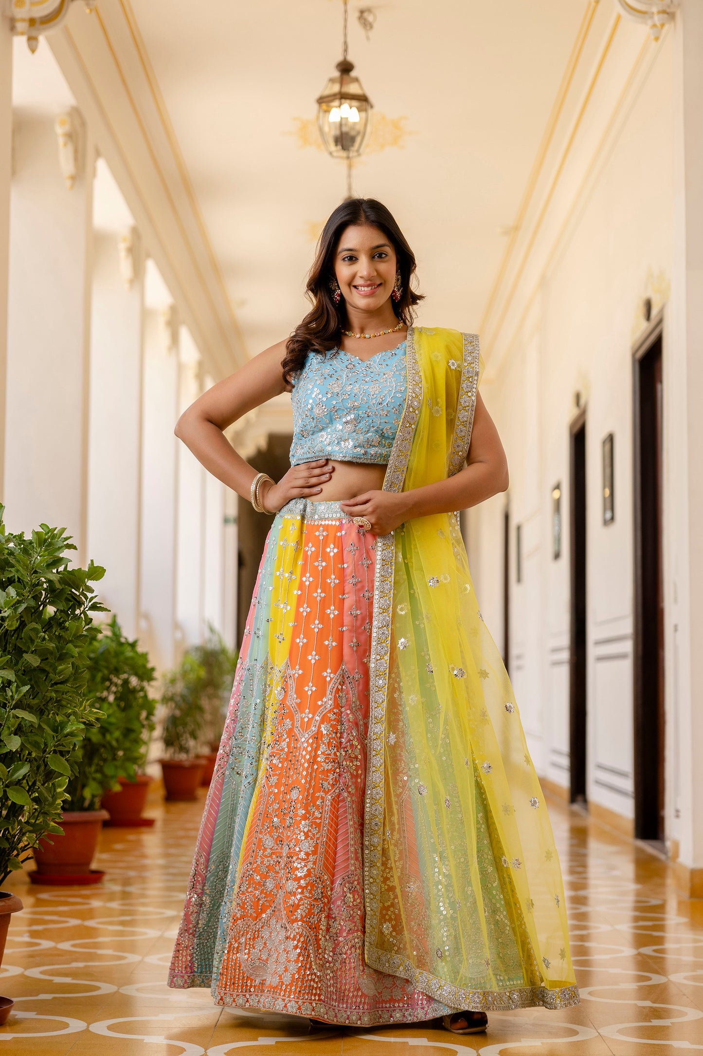 Multicolored Faux Georgette Sequins Thread Embroidered Lehenga Choli