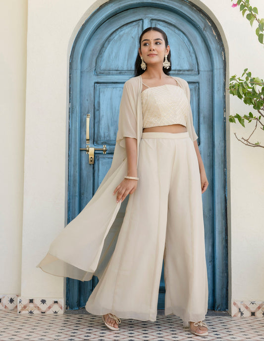 Appealing Cream Georgette Gota Patti Worked Top Palazzo Shrug Set