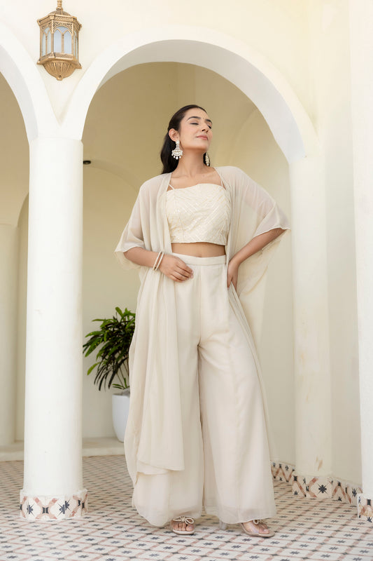 Appealing Cream Georgette Gota Patti Worked Top Palazzo Shrug Set