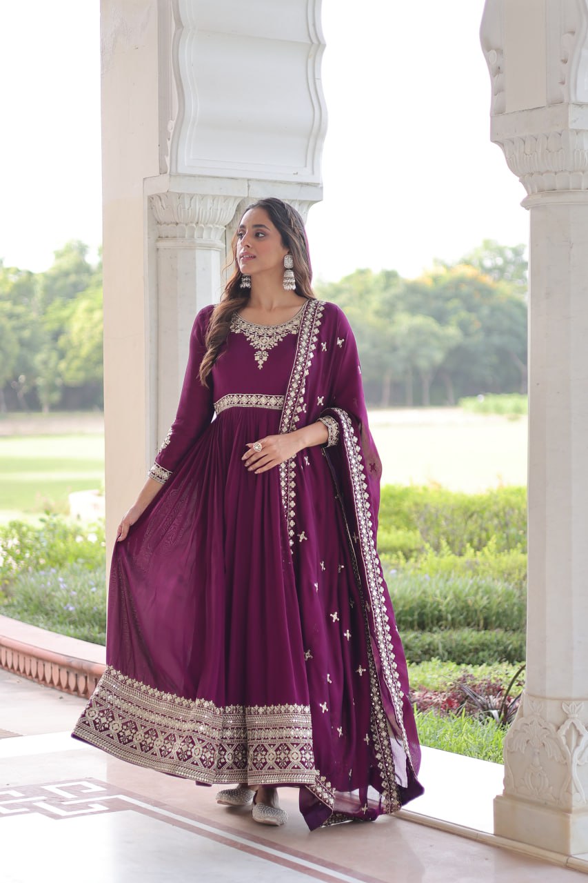 VICHITRA SILK SEQUINS EMBROIDERED GOWN WITH DUPATTA