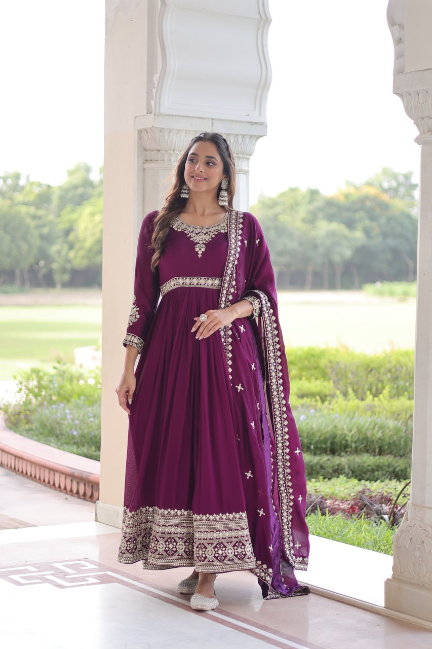 VICHITRA SILK SEQUINS EMBROIDERED GOWN WITH DUPATTA