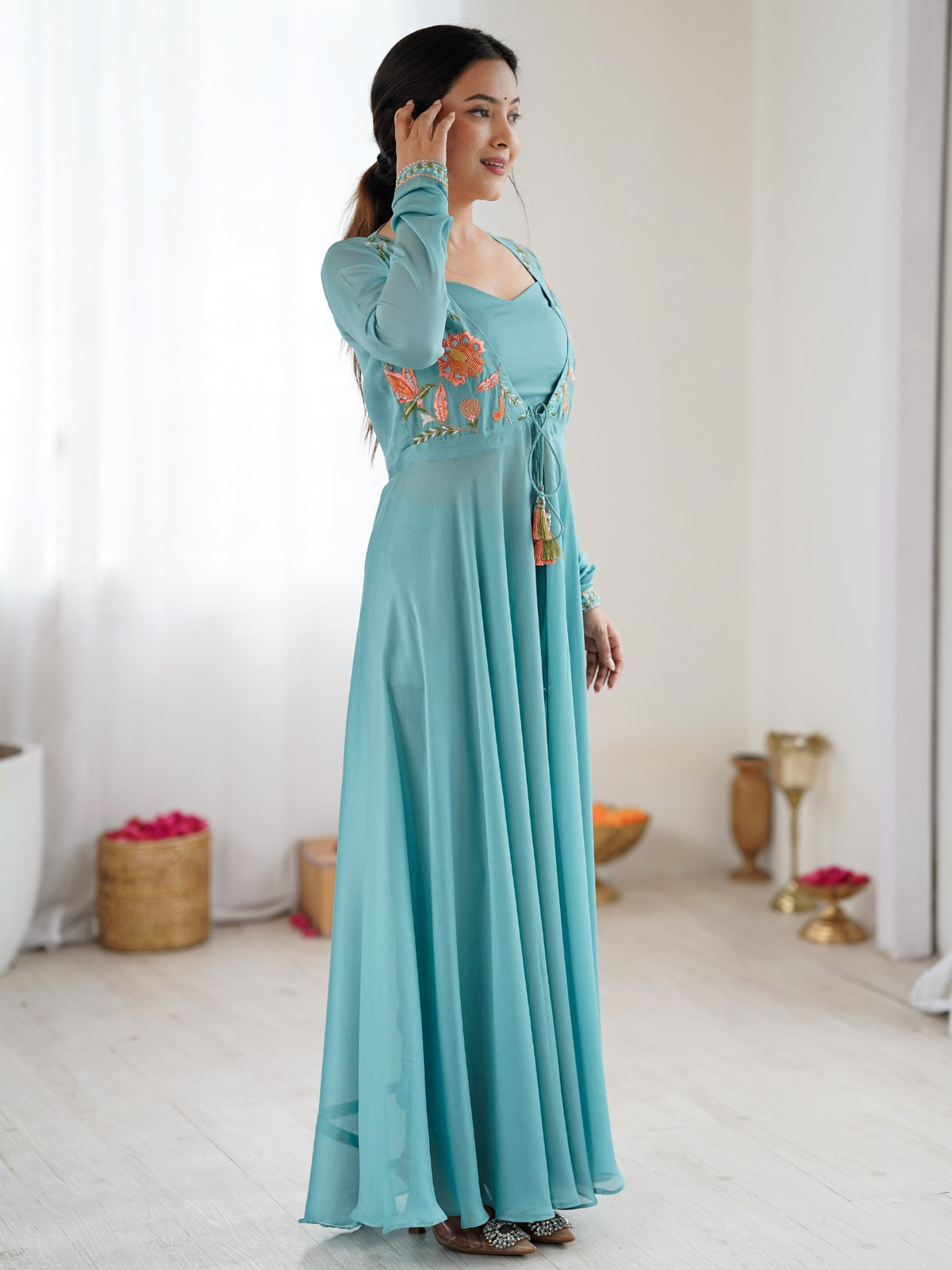 Teal Blue Embroidered Anarkali Gown with Tassel Detailing
