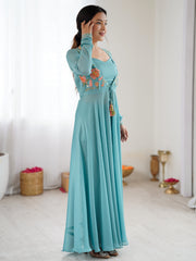 Teal Blue Embroidered Anarkali Gown with Tassel Detailing