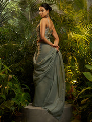 Sage Green Embroidered Saree with Designer Blouse – Elegant Party Wear Collection
