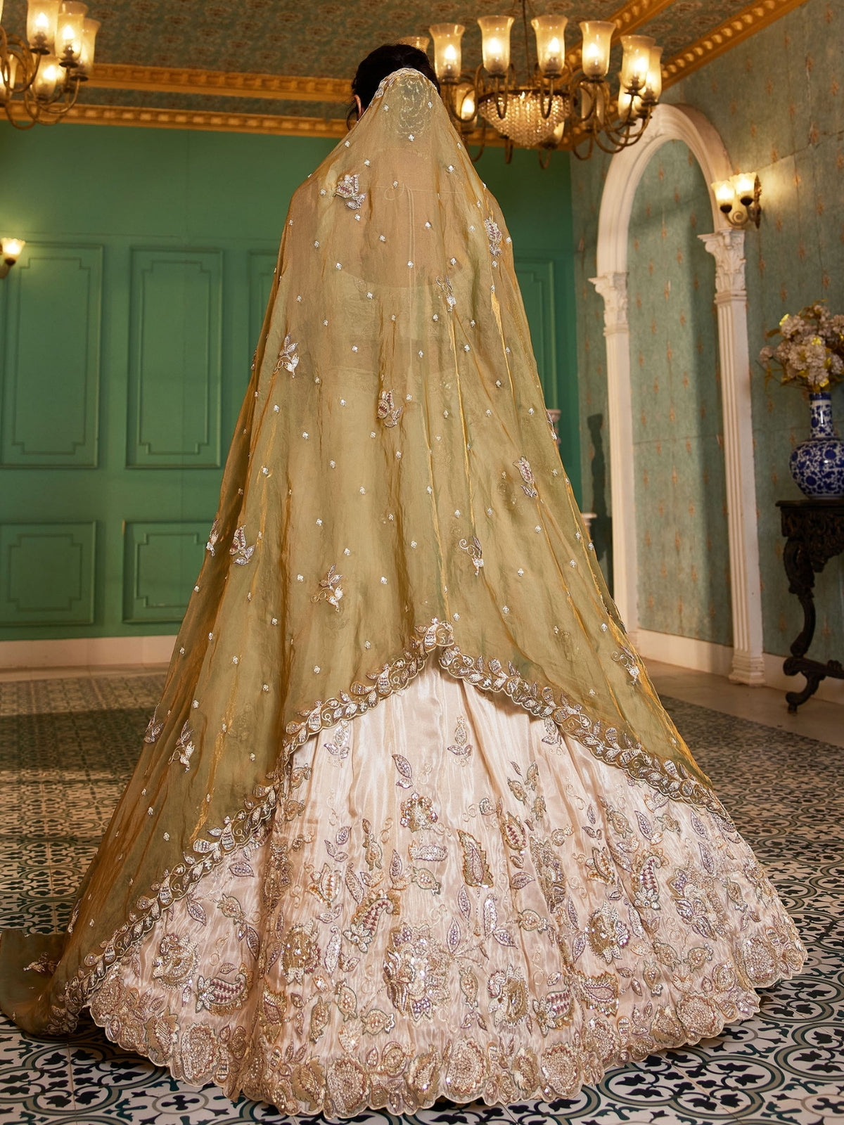 Ivory Gold Embroidered Bridal Lehenga Choli with Olive Green Dupatta