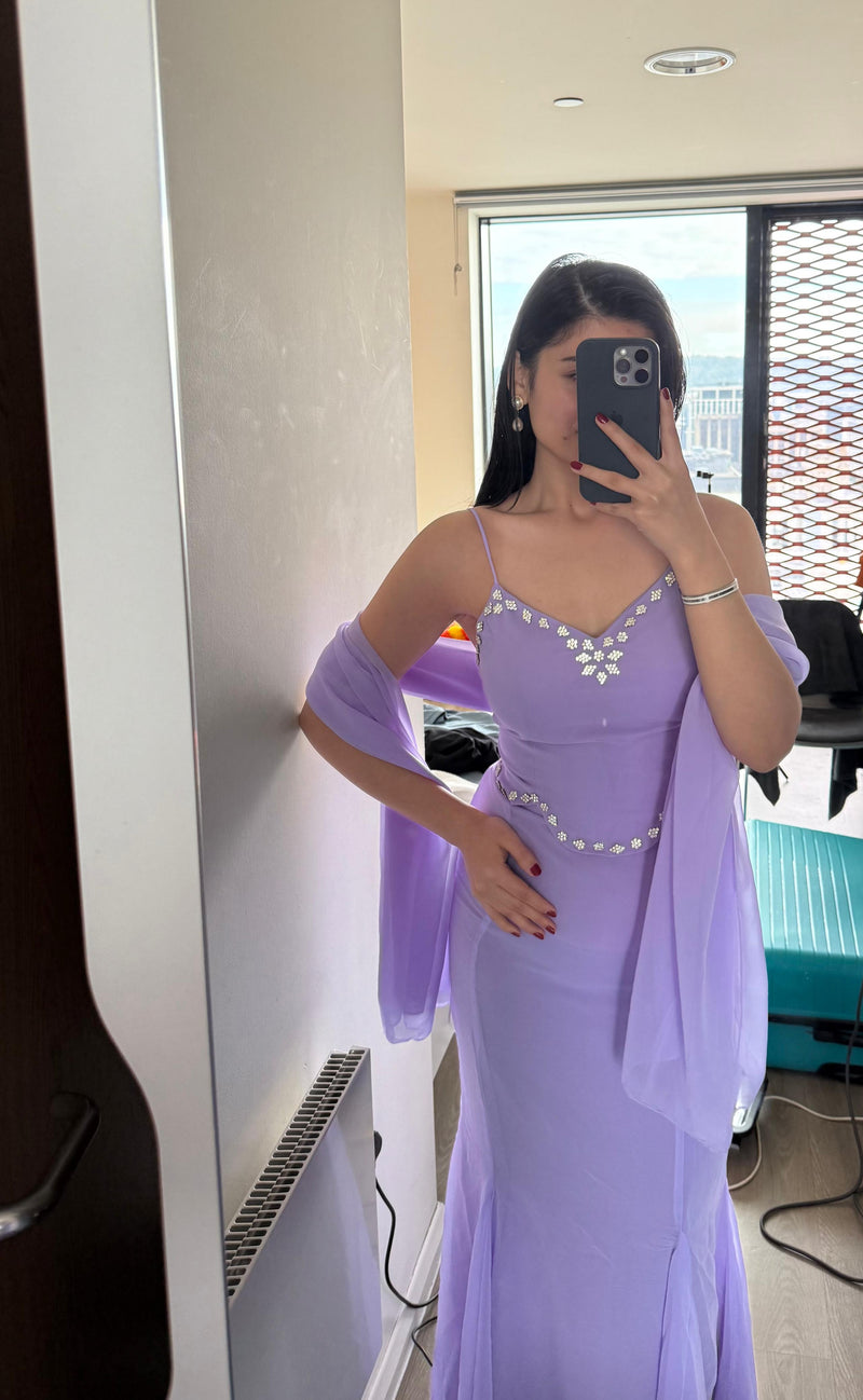 Lavender Pure Georgette Fish Cut Lehenga Choli Set with Padded Blouse & Dupatta