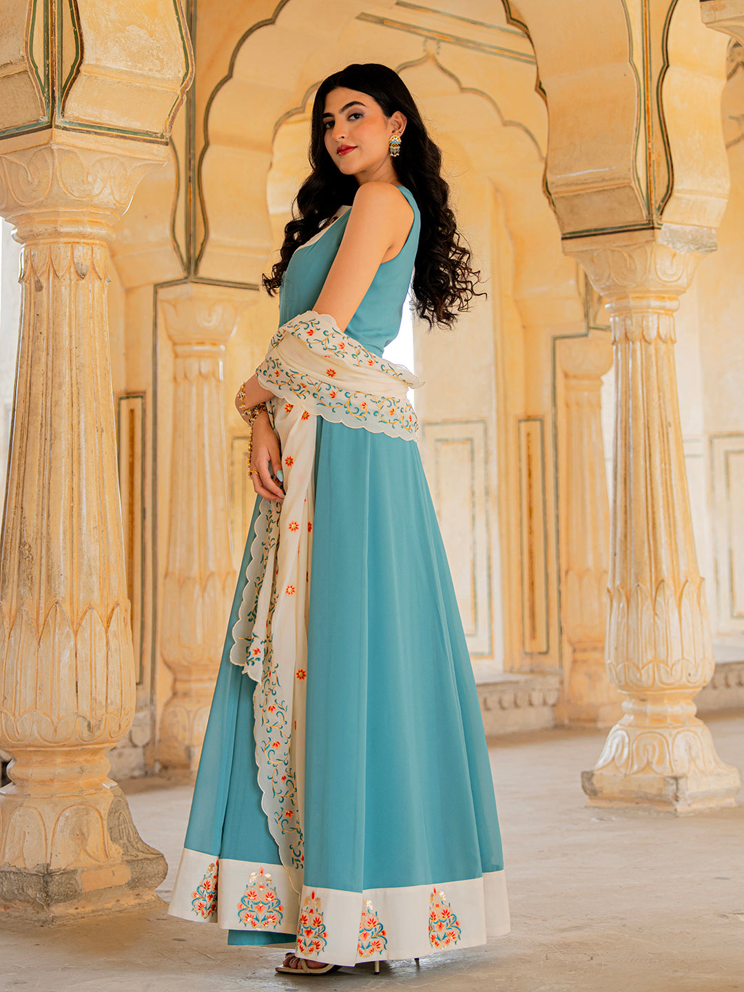 Teal Blue Georgette Embroidered Anarkali Gown with Dupatta