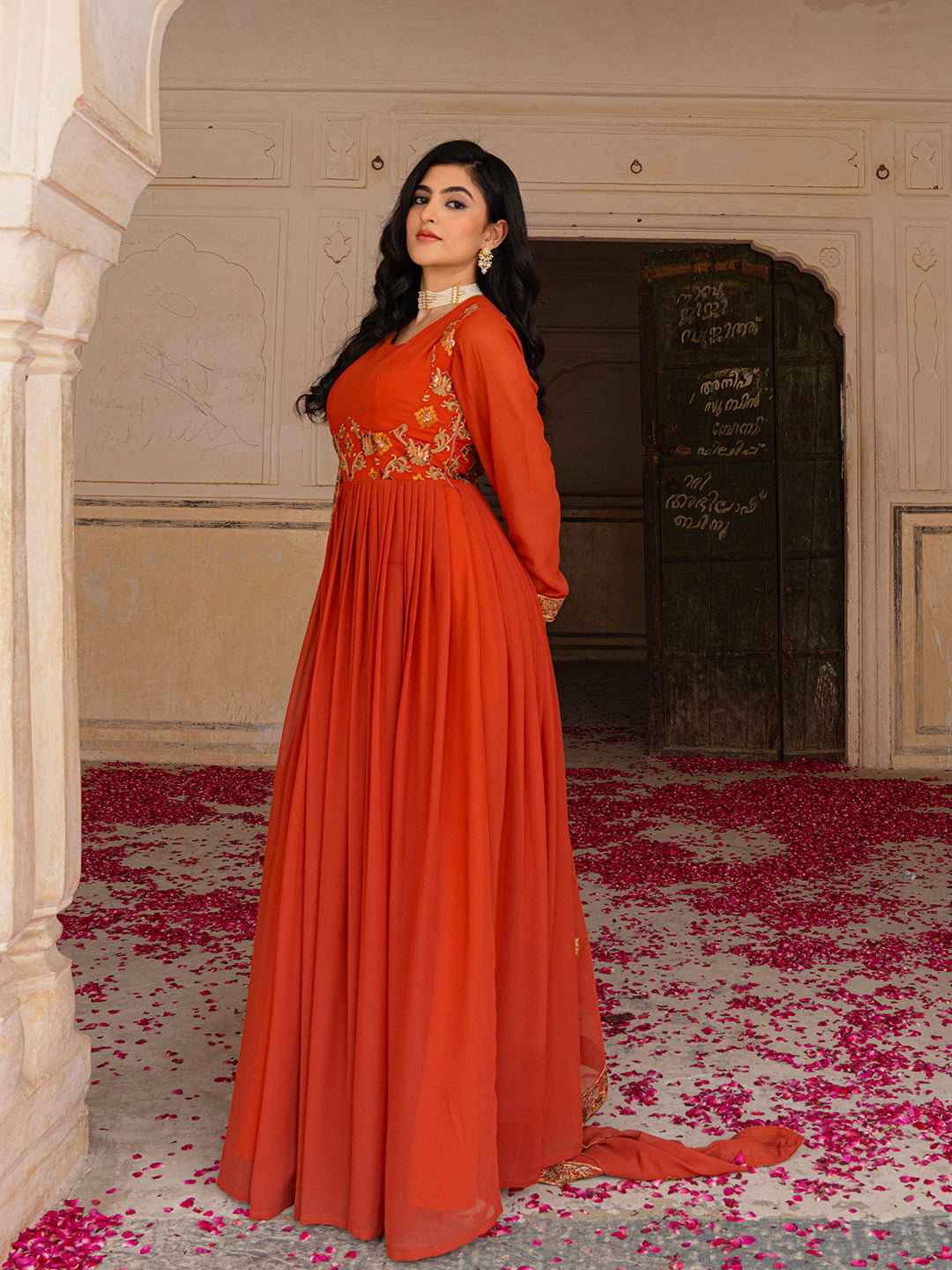 Rust Orange Anarkali Gown with Gold Embroidery and Matching Dupatta