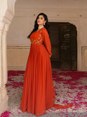 Rust Orange Anarkali Gown with Gold Embroidery and Matching Dupatta