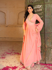 Peach Georgette Embroidered Anarkali Gown with Dupatta