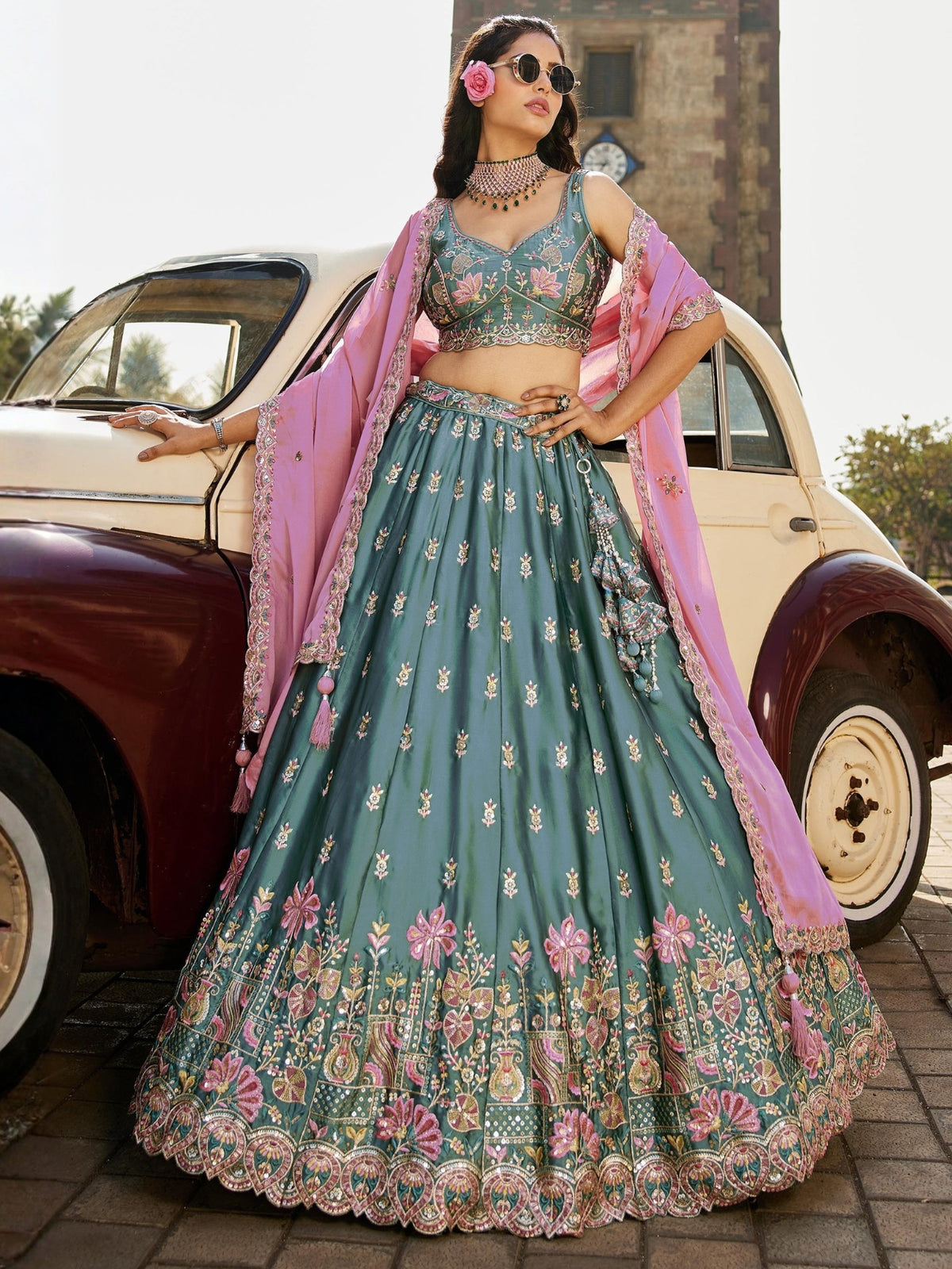 ROYAL TEAL BLUE RANGOLI SILK LEHENGA SET