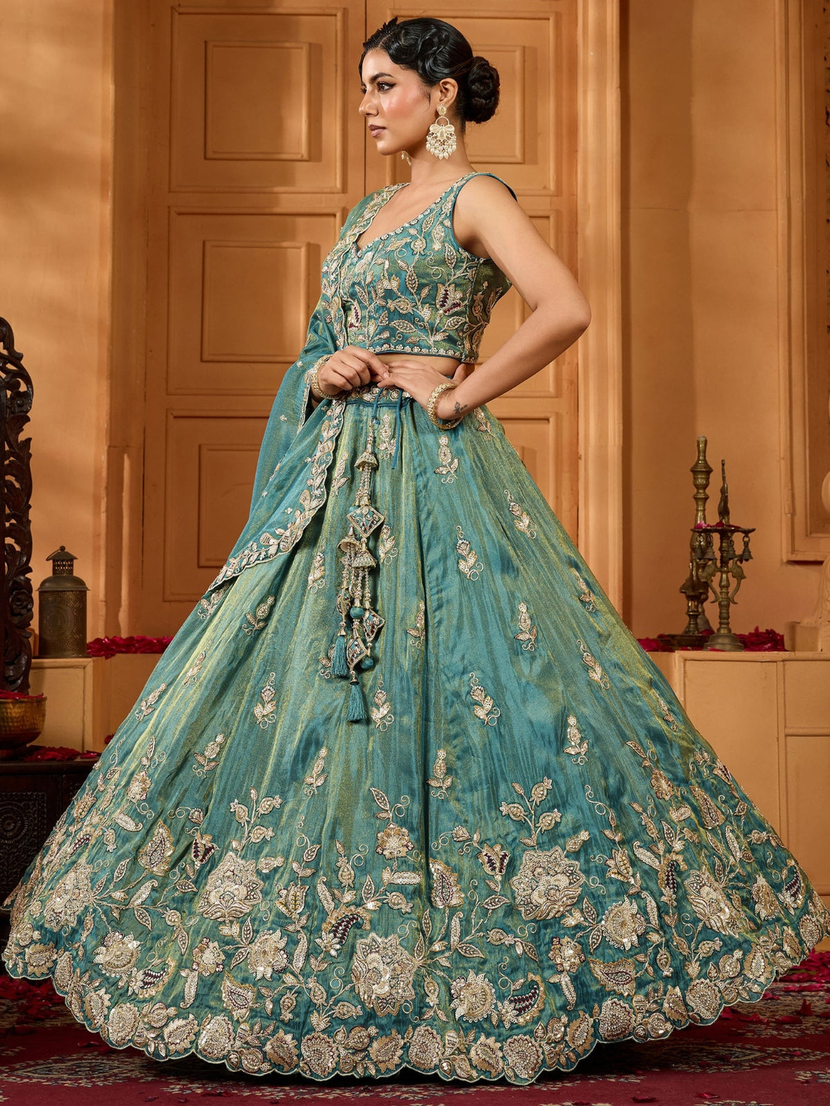 ROYAL TEAL BLUE EMBROIDERED LEHENGA SET