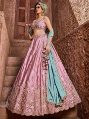 Pink Embroidered Lehenga Choli with Aqua Blue Dupatta – Bridal Party Wear Set