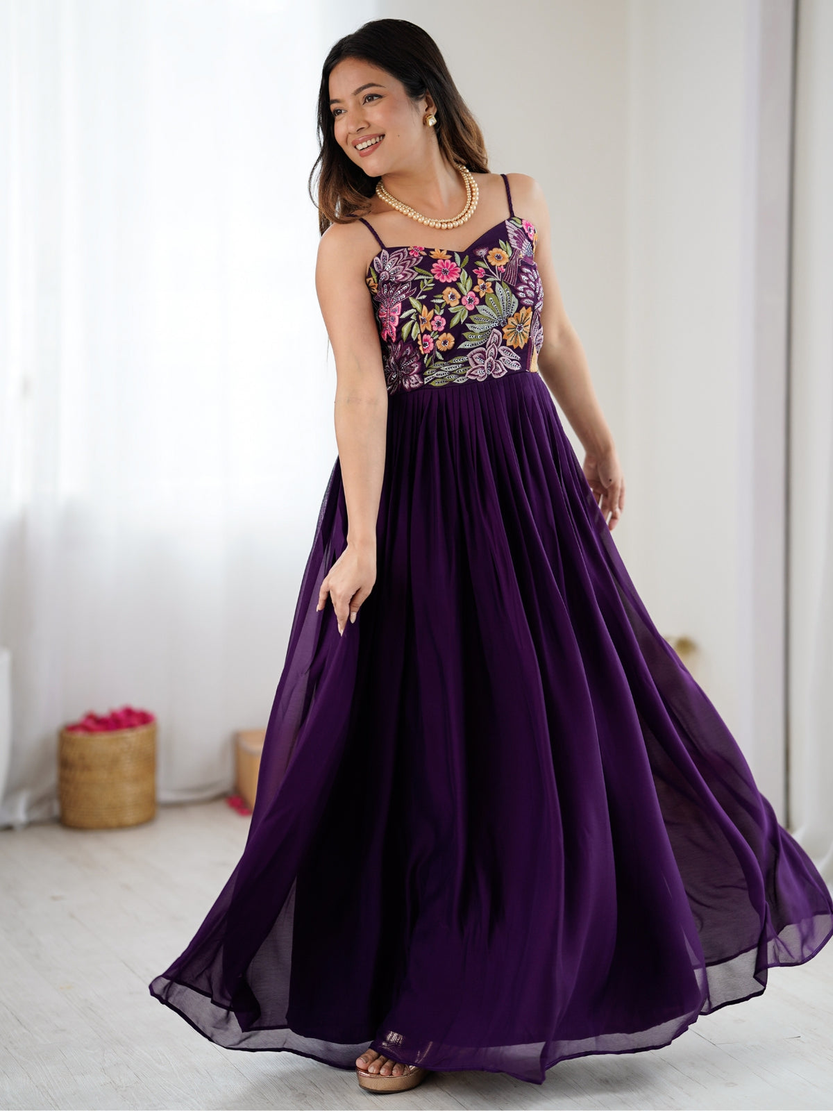 Purple Floral Embroidered Strappy Maxi Gown