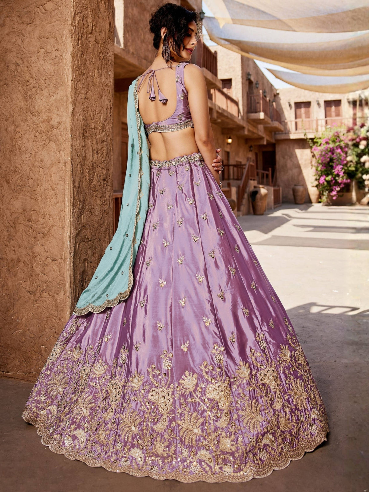 Lavender Embroidered Lehenga Choli with Aqua Blue Dupatta