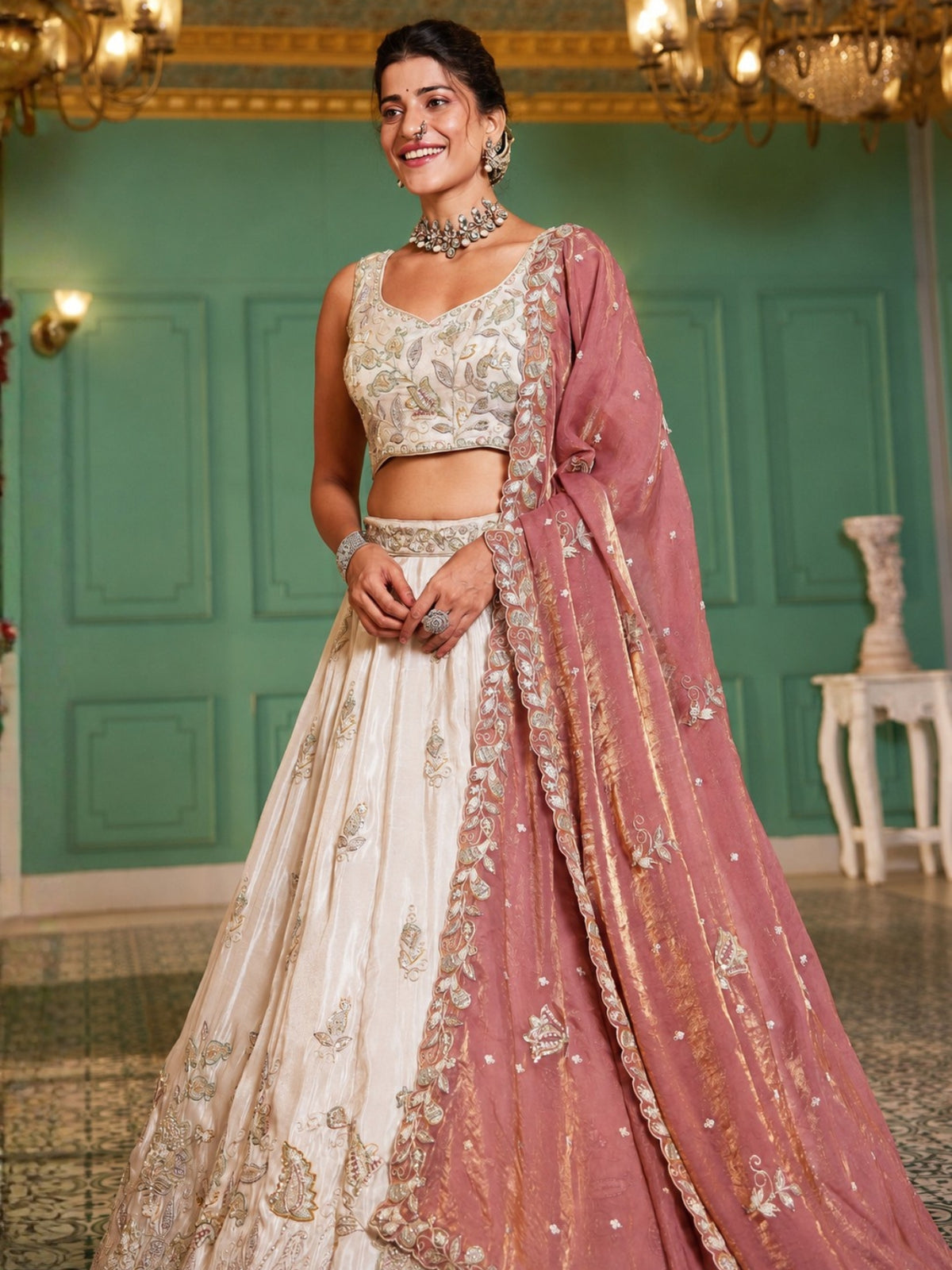 Ivory Gold Embroidered Bridal Lehenga Choli with Dusty Rose Dupatta