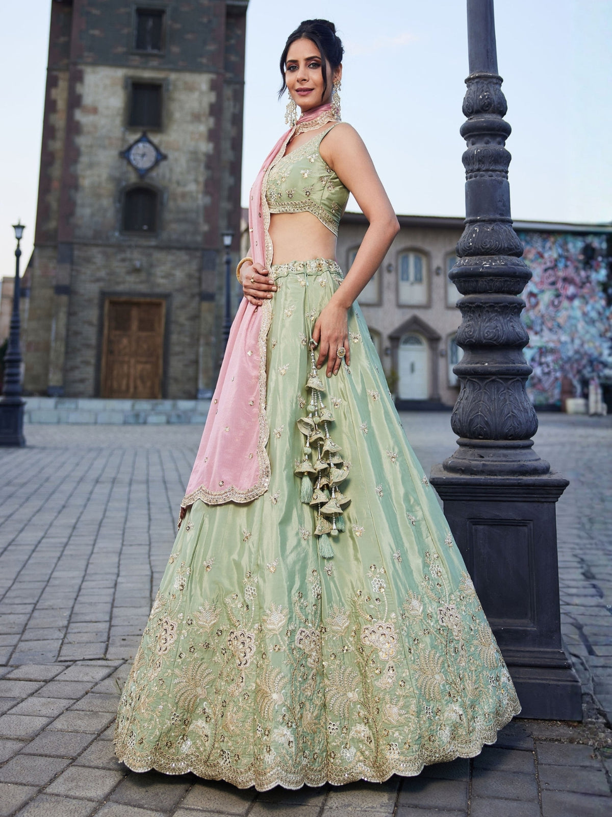 Pastel Mint Green Embroidered Bridal Lehenga Choli with Pink Dupatta