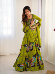 Olive Green Butterfly Print Embroidered Lehenga Choli Set